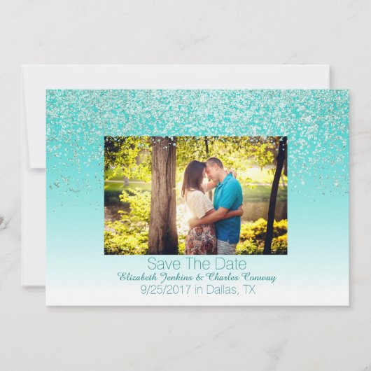 キラキラ輝く写真の結婚式の日付カードを保存 セーブザデート (正面)