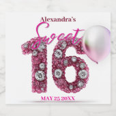 キラキラ輝く宝石とピンクバルーン甘い16 スパークリングワインラベル (シングルラベル)