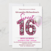 キラキラ輝く宝石とピンクバルーン甘い16 招待状 (正面)