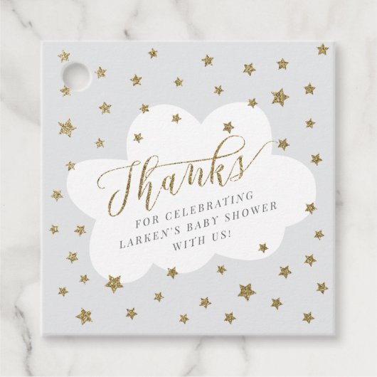 キラキラ輝く小さな星の灰色の赤ちゃんシャワー フェイバータグ (正面)