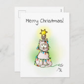 キラキラ輝く星を持つクリスマスツリー猫とマウス シーズンポストカード (正面/裏面)