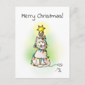 キラキラ輝く星を持つクリスマスツリー猫とマウス シーズンポストカード (正面)