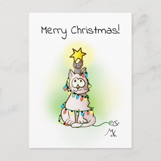 キラキラ輝く星を持つクリスマスツリー猫とマウス シーズンポストカード (正面)