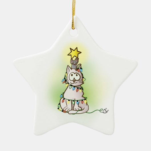 キラキラ輝く星を持つクリスマスツリー猫とマウス セラミックオーナメント (正面)