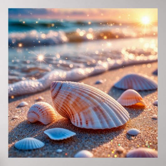 キラキラ輝く海波の砂浜の貝殻 ポスター (正面)