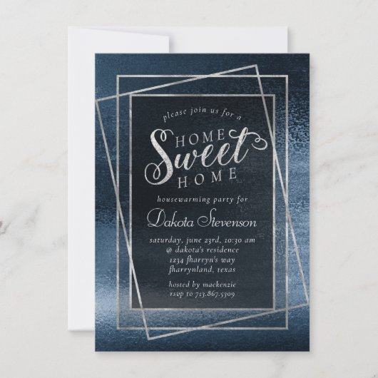 キラキラ輝く箔 |ネイビーブルースパークルホームスイートホーム 招待状 (正面)