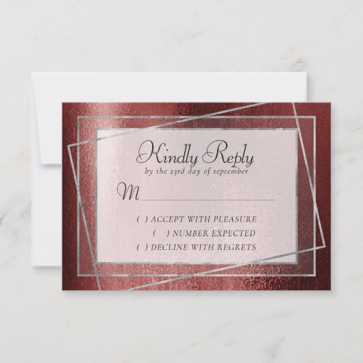 キラキラ輝く箔 |ヘンナクリムゾンレッドフェイクグリッターシャイン 出欠カード (正面)