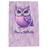 キラキラ輝く紫のフクロウ ミディアムペーパーバッグ (正面)