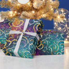 キラキラ輝く紫の青と金ゴールドの渦巻き ラッピングペーパー