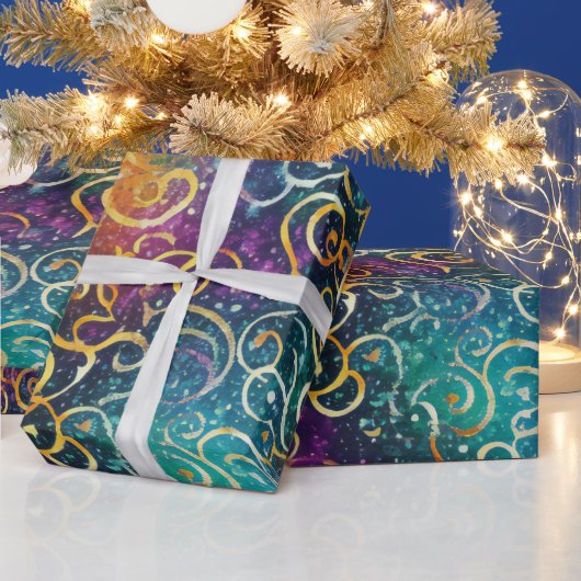 キラキラ輝く紫の青と金ゴールドの渦巻き ラッピングペーパー (クリスマス)