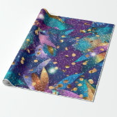 キラキラ輝く紫の青と金ゴールド葉 ラッピングペーパー (アンロールド)