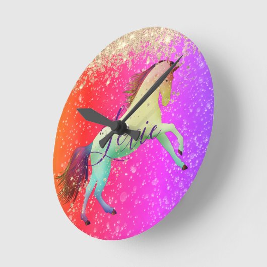 キラキラ輝く虹の一角獣 ラウンド壁時計 (傾斜)