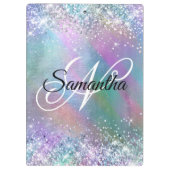 キラキラ輝く虹色のフォイルファンシーモノグラム クリップボード (裏面)
