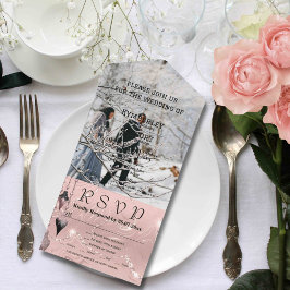 キラキラ輝く赤面ピンクシルバーフォトクリスマス オールインワン招待状