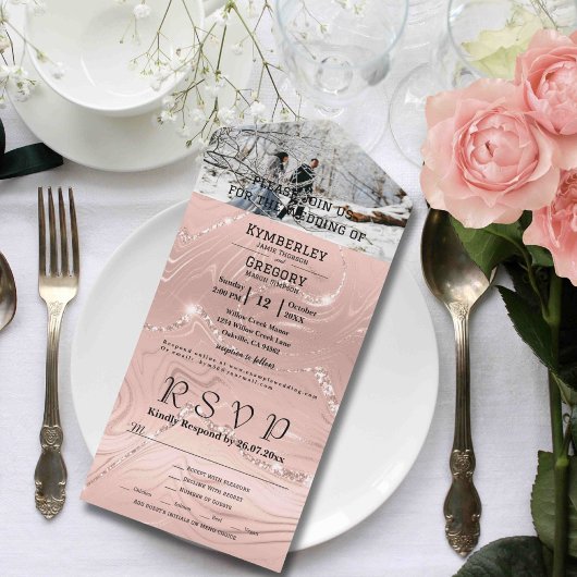 キラキラ輝く赤面ピンクシルバーフォトメール オールインワン招待状