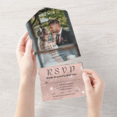 キラキラ輝く赤面ピンクシルバーフォト オールインワン招待状 (貼ってはがせる)