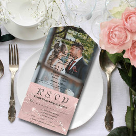 キラキラ輝く赤面ピンクシルバーフォト オールインワン招待状