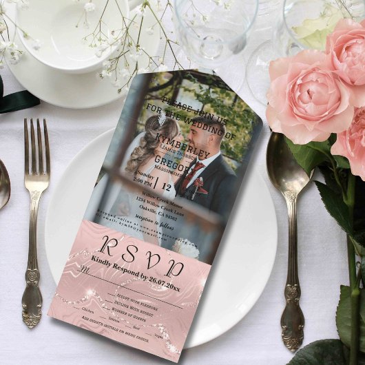 キラキラ輝く赤面ピンクシルバーフォト オールインワン招待状