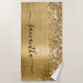 キラキラ輝く金エレガント箔のスワッシュ署名名 ビーチタオル (正面)