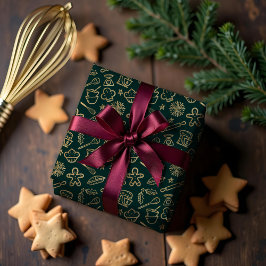 キラキラ輝く金ゴールドと緑のクリスマスベーキングパターン ラッピングペーパー