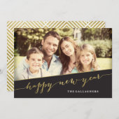 キラキラ輝く金ゴールドハッピーニューイヤーホリデーフォト シーズンカード (正面/裏面)