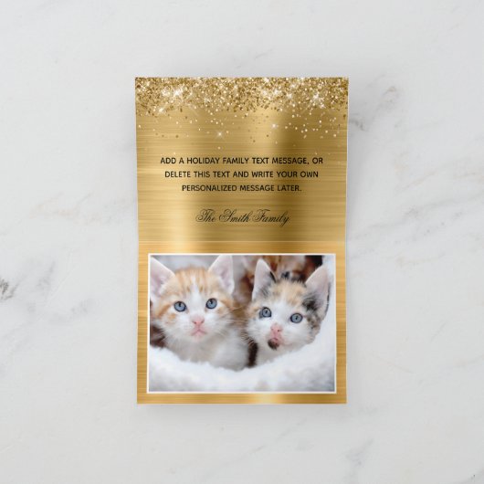 キラキラ輝く金箔の写真の私たちの初めてのクリスマス シーズンカード (内部)