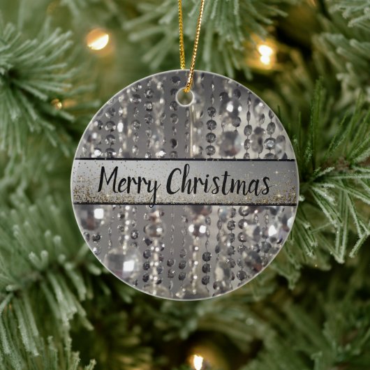 キラキラ輝く銀の弦ビーズ セラミックオーナメント (ツリー)