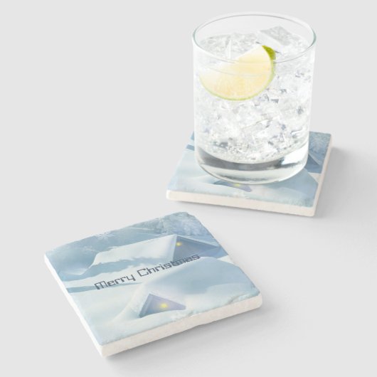 キラキラ輝く雪で覆われた屋根 ストーンコースター (横)