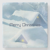 キラキラ輝く雪で覆われた屋根 ストーンコースター (正面)