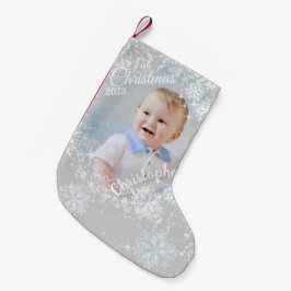 キラキラ輝く雪片グレー スモールクリスマスストッキング