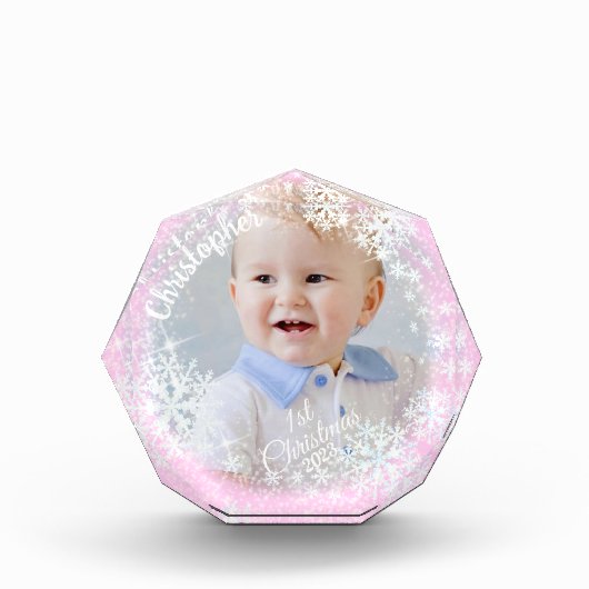 キラキラ輝く雪片ピンク フォトブロック (正面)