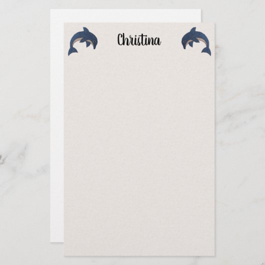 キラキラ輝く青いイルカの質感の白 便箋 (正面/裏面)