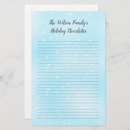 キラキラ輝く青いクリスマス家族のニュースレターが並んだ 便箋 (正面/裏面)