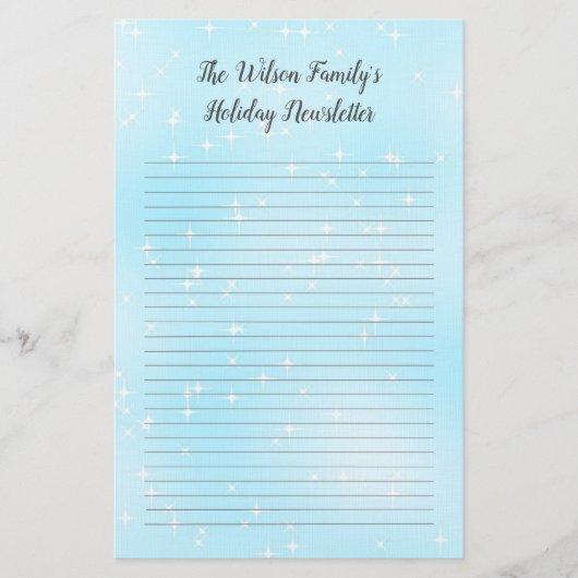 キラキラ輝く青いクリスマス家族のニュースレターが並んだ 便箋 (正面)