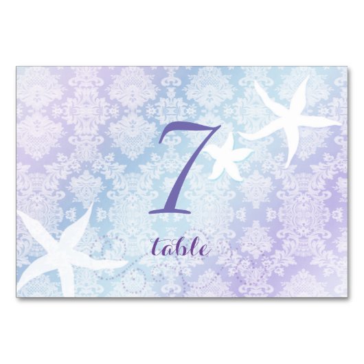 キラキラ輝く青い紫のヒトデ結婚ィス テーブルナンバー (正面)