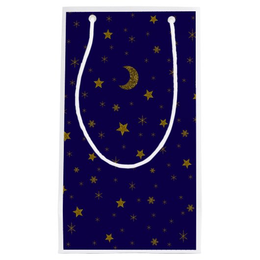 キラキラ金ゴールドのクリスマスムーン、青に星 スモールペーパーバッグ (正面)