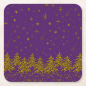 キラキラ金ゴールドクリスマスツリー、星、紫の雪 スクエアペーパーコースター (正面)