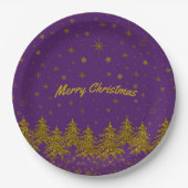 キラキラ金ゴールドクリスマスツリー、星、紫の雪 ペーパープレート (正面)