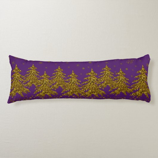 キラキラ金ゴールドクリスマスツリー、星、紫の雪 ボディピロー (正面)