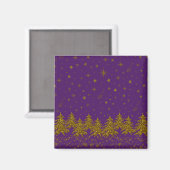 キラキラ金ゴールドクリスマスツリー、星、紫の雪 マグネット (正面/裏面)