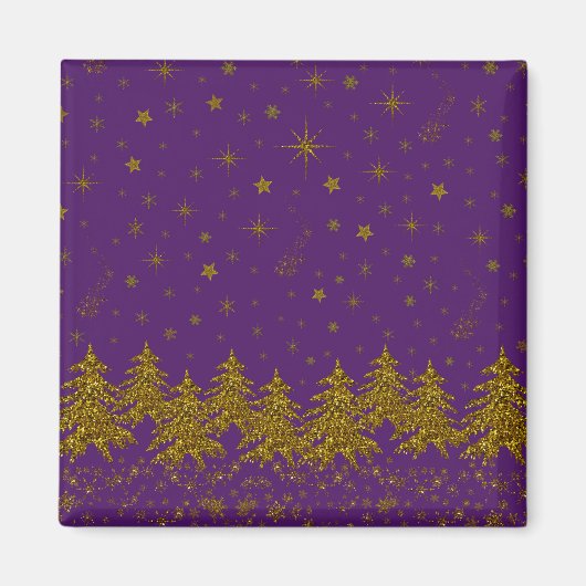 キラキラ金ゴールドクリスマスツリー、星、紫の雪 マグネット (正面)