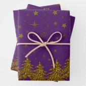 キラキラ金ゴールドクリスマスツリー、星、紫の雪 ラッピングペーパーシート (インサイチュ)