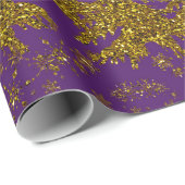 キラキラ金ゴールドクリスマスツリー、星、紫の雪 ラッピングペーパー (ロールコーナー)