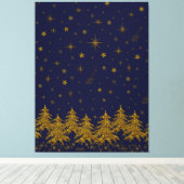 キラキラ金ゴールドクリスマスツリー、星、青の雪 キャンバスプリント (インサイチュ (ウッドフロア))
