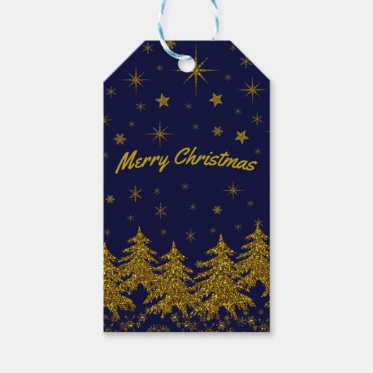 キラキラ金ゴールドクリスマスツリー、星、青の雪 ギフトタグ (正面)