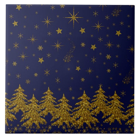 キラキラ金ゴールドクリスマスツリー、星、青の雪 タイル (正面)