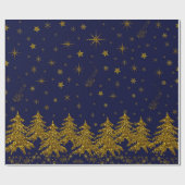 キラキラ金ゴールドクリスマスツリー、星、青の雪 ラッピングペーパー (フラット)