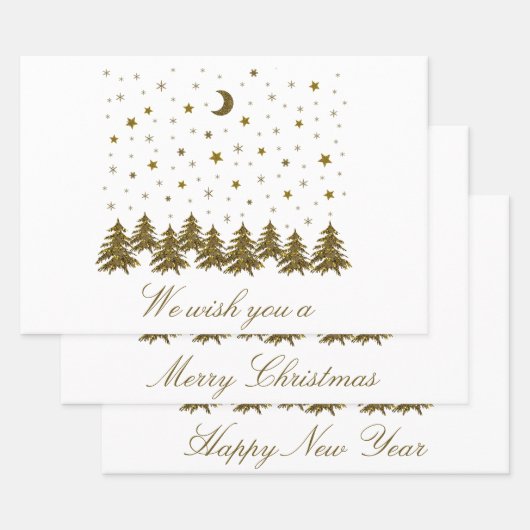 キラキラ金ゴールドクリスマスツリー、月、星クリスマス ラッピングペーパーシート (セット)