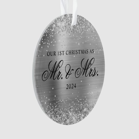 キラキラ銀箔の私たちの第1のクリスマスフォト オーナメント (正面)