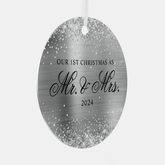 キラキラ銀箔の私たちの第1のクリスマスフォト メタルオーナメント (正面右)